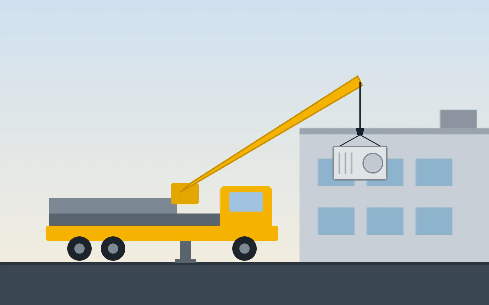 Illustration of a boom truck lifting a rooftop HVAC unit onto a commercial building