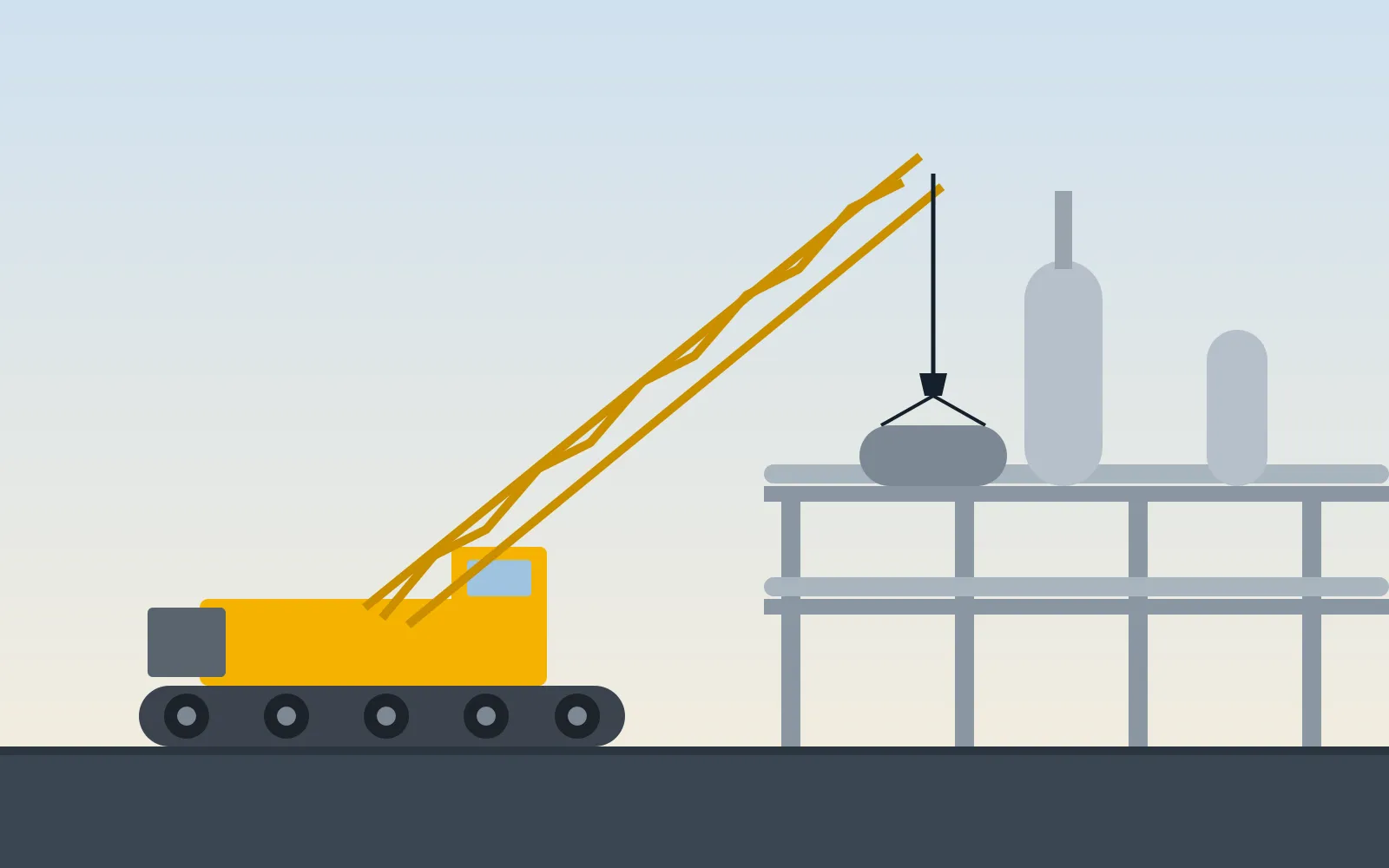 Illustration of a crane with a rigged load next to an industrial pipe rack