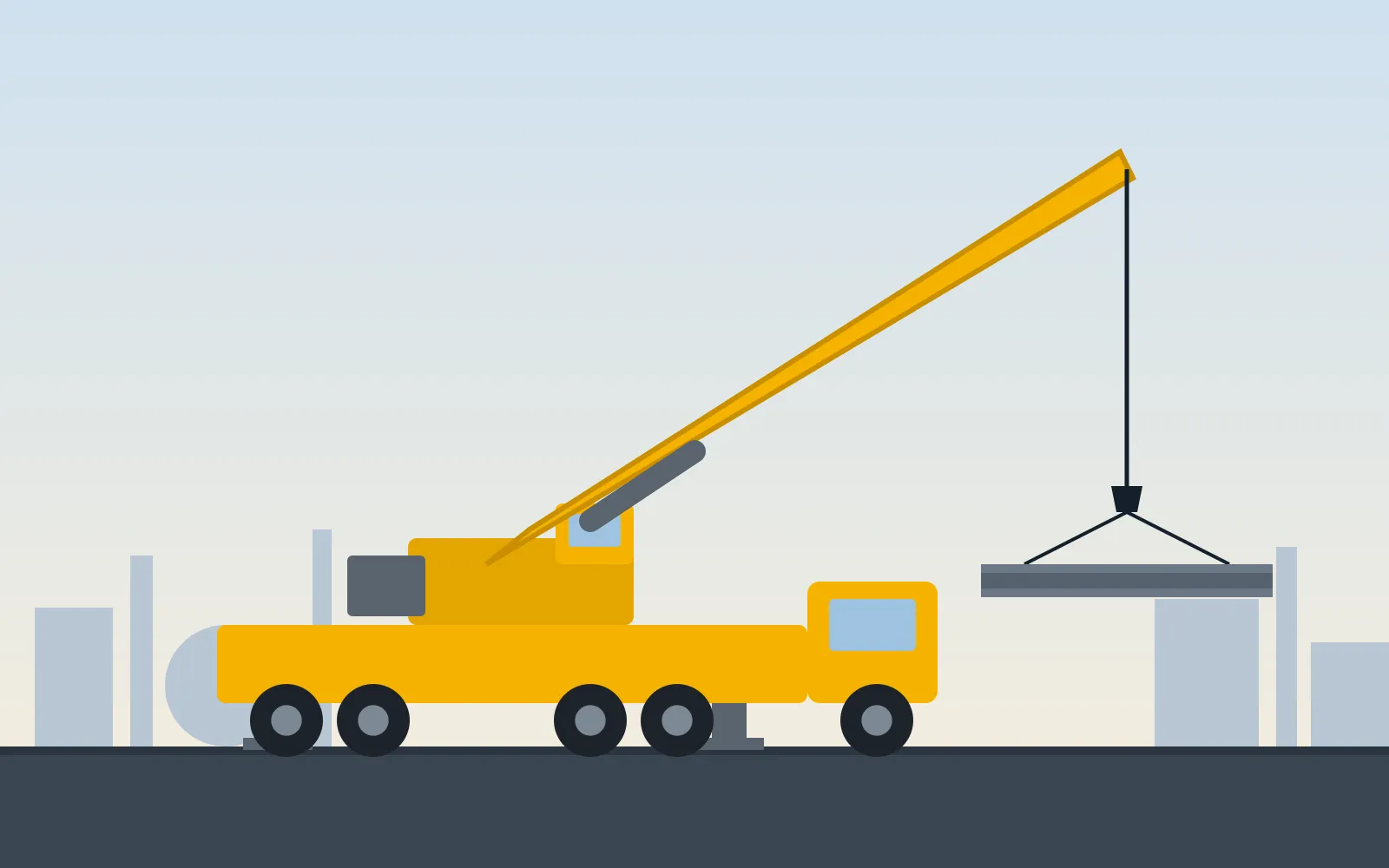 Illustration of a mobile crane on outriggers lifting a steel beam